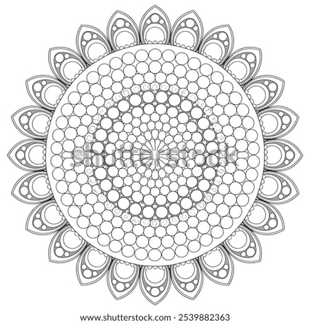 A coloring page illustration of a round shape flower mandala 