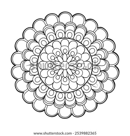 A coloring page illustration of a round shape flower mandala 