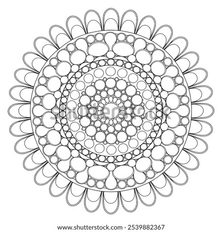 A coloring page illustration of a round shape flower mandala 