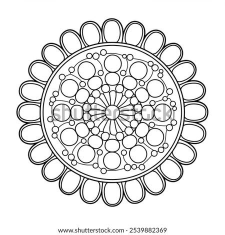 A coloring page illustration of a round shape flower mandala 