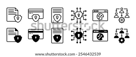 Privacy policy outline icon set. Containing data protection, secure payment, user consent, data encryption, cookie policy, no third-party sharing. Vector illustration