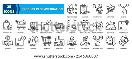 Product Recommendation icon collection set. Containing recommended, wishlist, featured, choice, favorite, best, recommendation, new arrivals, hot deal, flash sale icon. Simple black outline vector.