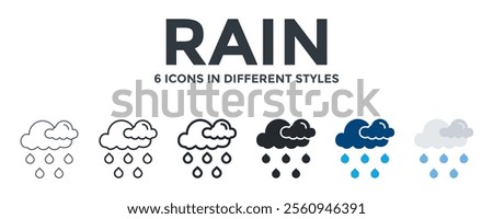 RAIN icon in different style vector illustration. Designed in thin line, regular line, bold line, glyph, color fill, and flat style can be used for web