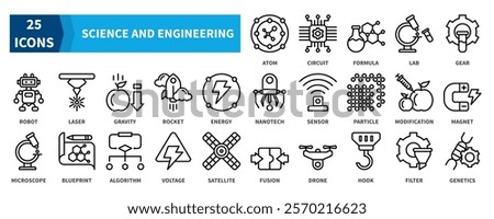 SCIENCE AND ENGINEERING icon collection set. Containing atom, formula, lab, robot, energy, nanotech, genetics icon. Simple black outline vector.