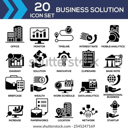 Business Solution, Mobile Analytics, diagram, Solution, Innovative, Clipboard and More. Icon Set Collection