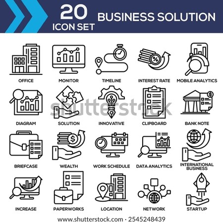 Business Solution, Mobile Analytics, diagram, Solution, Innovative, Clipboard and more Icon Set Collection