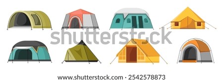 Hiking and camping tent vector icons. Dome flat design tents