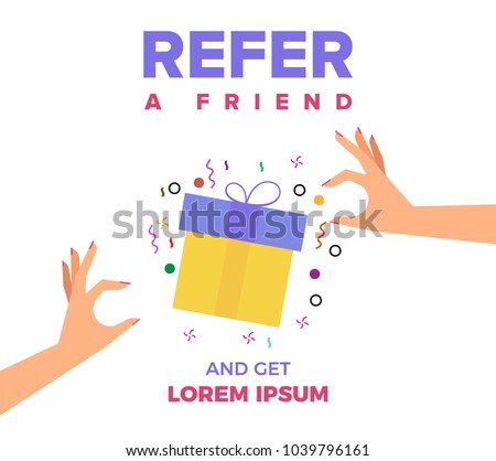 Refer a Friend Vector Illustration of two Hands and Gift Box. Friend Sharing Referral Code Concept