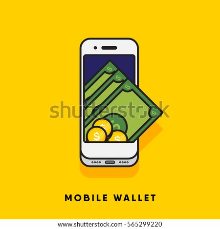 Modern minimal flat stroke digital wallet concept vector illustration. Mobile banking, online finance, e-commerce banner template. For mobile app, web, banner, poster, flyer, header, blog post.