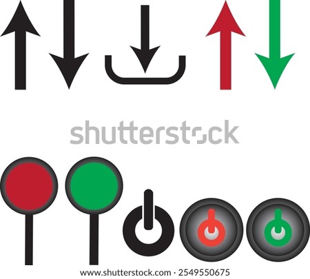 A professional vector icon set. arrows in black, red, and green, download and upload symbols and modern power button icons. EPS file format