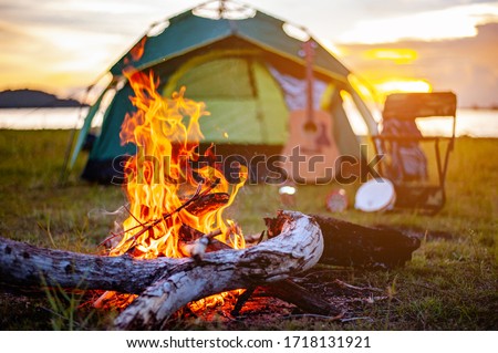 Camping bonfire surrounded by team of asian climbers hiker, they are playing music together in the forest path autumn season. Hiking, hiker, team, forest, camping , activity concept.