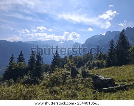 Similar – Foto Bild Grüner Wald in felsigen Bergen hoch in Wolken