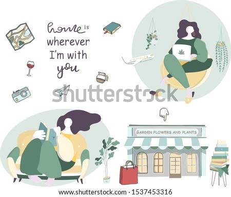 Bloggers with magnifier Set flat woman with plants. Reading, home work freelance and shopping device content concept. Mobile UI UX GUI template, app interface wireframe