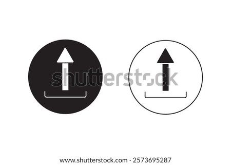 Upload icon with circle outline. Upload or up arrow flat icon with black and white background, vector illustration design.