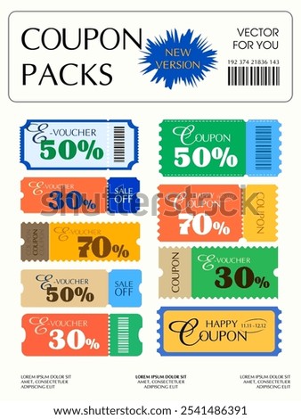 Pack of coupons with barcode, percent price off, coupon code, isolated on white background. E-Coupon book banner template. Gift voucher vector icon