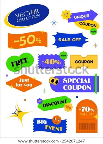 Coupon set with barcode, percent price off, coupon code, in different color and shape, isolated on white background. E-Coupon book banner template. Gift voucher vector icon