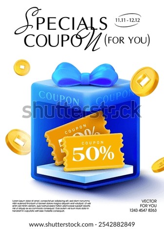 3d yellow coupons inside a gift box with flying golden coins around, isolated on white background. Gift voucher cashback popup banner template. 3d gift box coupon vector