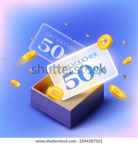 3d coupons in glass morphism style inside a opened luxury gift box, golden coin isolated on white background. Gift voucher with coupon code for exclusive discount event. 3d premium gift voucher vector