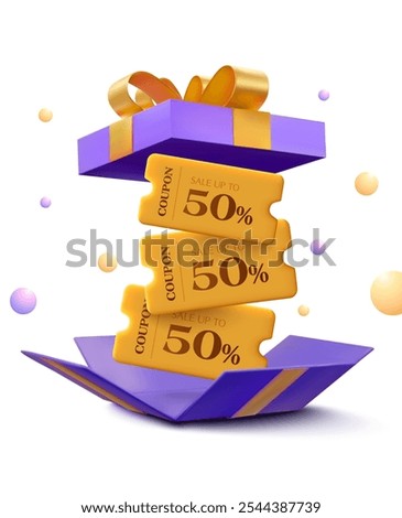 3d golden minimal coupons inside a opened collapsed luxury gift box, isolated on white background. Purple gift voucher with coupon code for discount event. 3d premium gift voucher vector