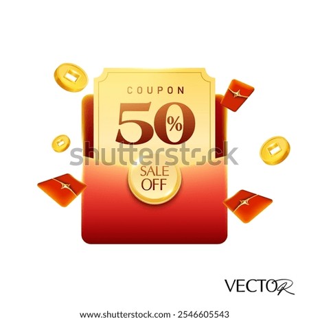 3d golden coupon inside a red envelope, with lucky money and golden coins flying around, coupon code and percent price off, isolated on white background. Cashback gift voucher in 3d vector