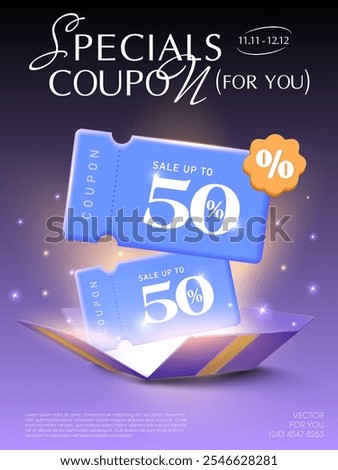 Couple of 3d special coupons with percent sale off, coupon code, on opened collapsed gift box, isolated on dark background with shining effect. Gift voucher for exclusive promotion event vector banner