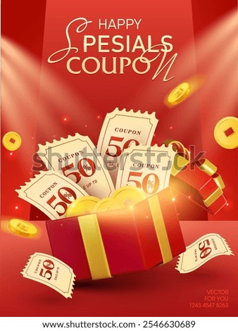 3d coupons, coins flying out from opened red gift box with ribbons, isolated on red background, shining effect. New year gift voucher banner template in 3d vector.