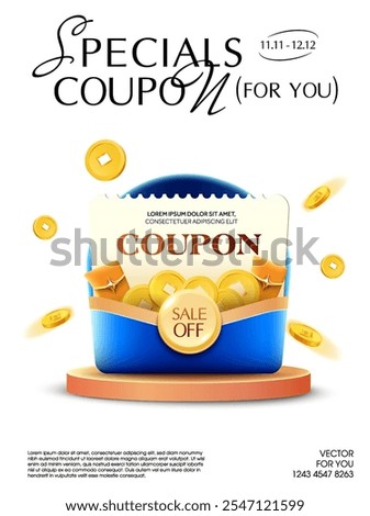 3d light yellow coupon inside a blue envelope, with lucky money and golden coins flying around, coupon code and percent price off, isolated on white background. Cashback gift voucher in 3d vector