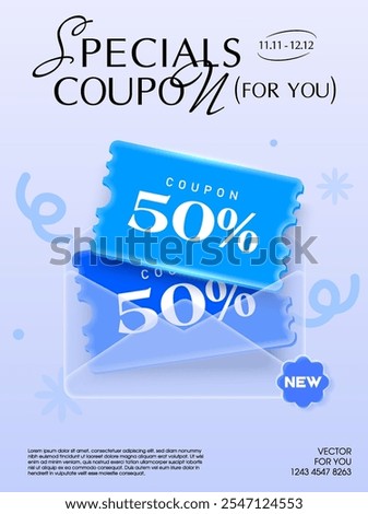 3d couple of blue coupons inside a transparent glass envelope, isolated on background with sticker decoration. Gift voucher banner template with coupon code in 3d vector.