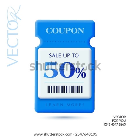 3d minimal coupon template with barcode, percent price off, coupon code, isolated on white background. 3d gift voucher with barcode icon in vector illustration 