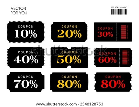 Set of coupon templates with coupon code, barcode, percent sale off, isolated on white background. Gift voucher icon set in flat style vector.