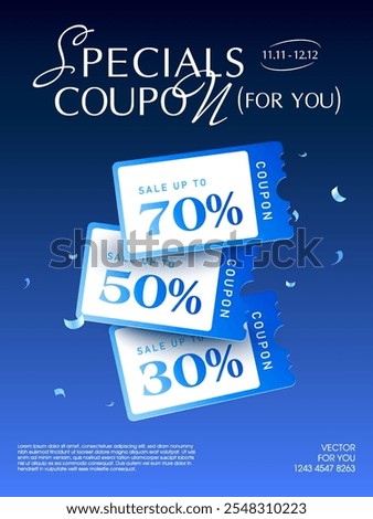 3d special triple coupons with coupon code, percent price off, isolated on gradient deep blue background with confetti effect. Gift voucher banner template in 3d vector