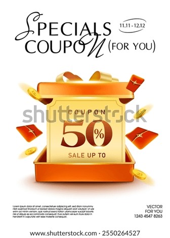 3d coupons, coins and lucky money flying out from opened red opened gift box, isolated on white background, shining effect. New gift voucher banner template in 3d vector.