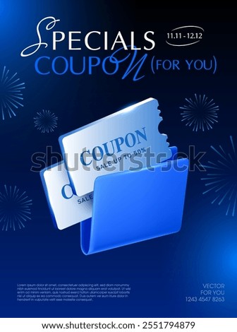 3d flying platinum coupons inside a blue minimum folder, isolated on dark background with firework effect. Premium gift voucher folder icon in 3d vector