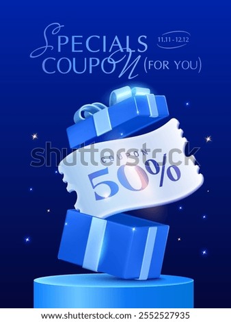 3d premium platinum coupon with coupon code, percent price off inside an opened gift box, on a stage, isolated on dark background with star effect. Gift voucher banner in 3d vector