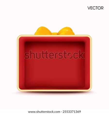 3d red half gift box for product showcase, golden ribbons, isolated on white background. Opened gift box icon in 3d vector