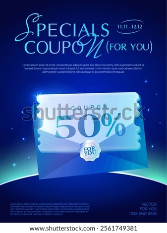 3d premium coupon inside an envelope with CTA button, percent price off, coupon code, isolated on deep blue background with glowing light effect. Luxurious Gift voucher banner template in 3d vector