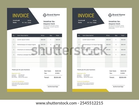 simple business invoice template. creative invoice Template Paper Sheet Include Accounting, Price, Tax, and Quantity. With color variation Vector illustration of Finance