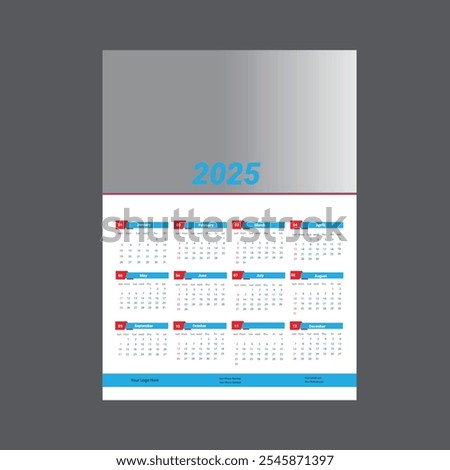 Calendar 2023 Template Set, Design a wall calendar for 2025. Desk calendar template may be used to display photos and corporate information. Logo, Week begins on Sunday, Set of 12 months. Poster, Plan