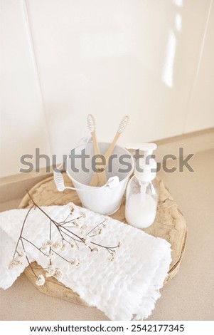 Similar – Image, Stock Photo two bamboo toothbrushes in a jar with space for your text