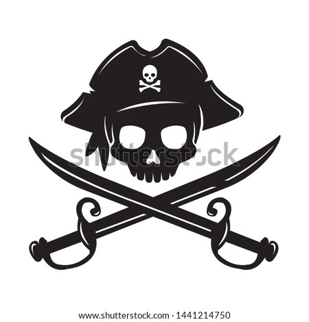 Pirate skull emblem illustration with crossed sabers. 