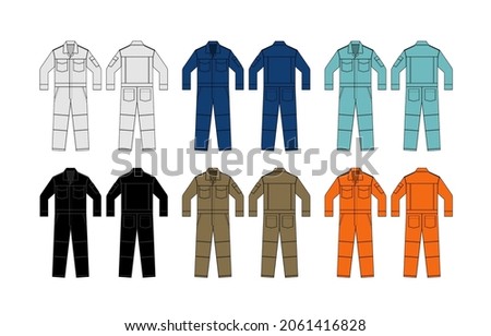 Long sleeves working overalls ( Jumpsuit, Boilersuit ) template vector illustration set