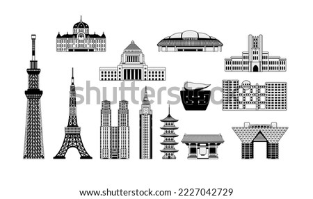 Tokyo landmark buildings (tower, temple etc.)  illustration set ( manga style )