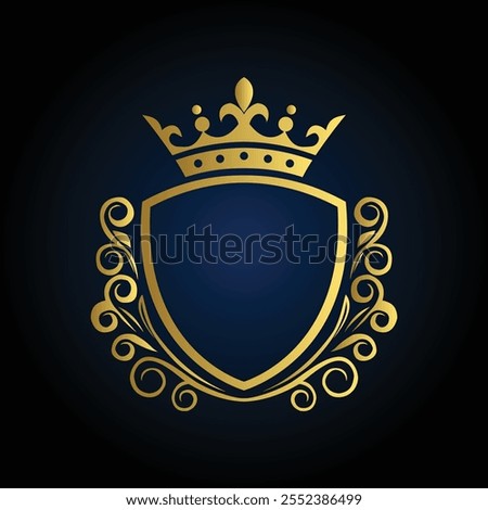 Heraldic Emblem with Gold Shield, Crown, and Scrollwork on Dark Blue Gradient