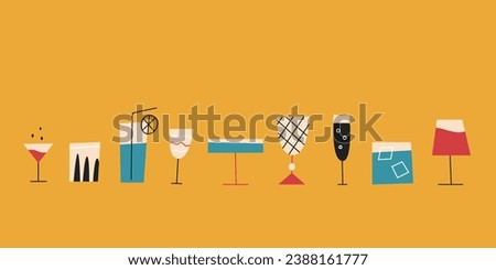 Flat style horizontal banner with colorful cocktail glasses and alcoholic drinks on yellow background.	