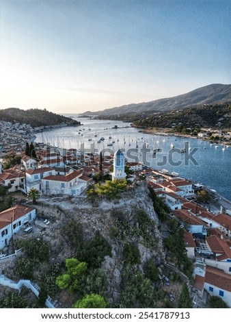 Similar – Image, Stock Photo Mediterranean Greek landscape coastal drone shot with moored leisure boats. Aerial day top view of Sithonia Chalkidiki peninsula above shoreline with green plantation and crystal-clear calm sea.