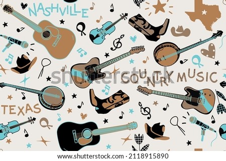 seamless concept pattern with country musical instruments and texts, vector design for paper, fabric and other surfaces