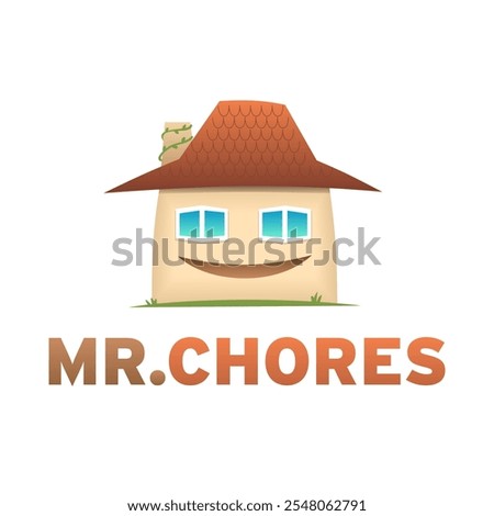 A house that came to life – Mr Chores customizable vector logo. Windows-eyes, roof-hat. It symbolize healthy and clean house and can be used as a cleaning company logo.