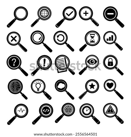 Magnifying glass icon set featuring a variety of styles for search, zoom, and investigation concepts, perfect for digital interfaces, apps, and creative projects