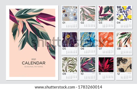 2021 calendar template. Calendar concept design with abstract natural patterns. Set of 12 months 2021 pages. Vector illustration