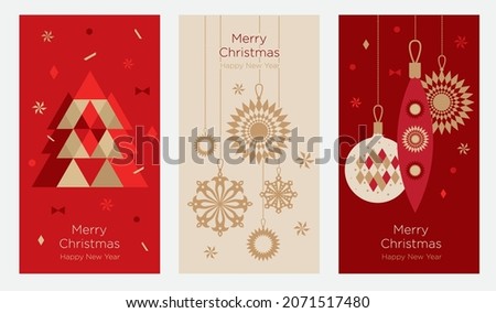 A set of greeting card with snowflakes and festive decor. Golden Christmas snowflake and decoration on a different background. New Year's design template. Vector flat. Vertical format